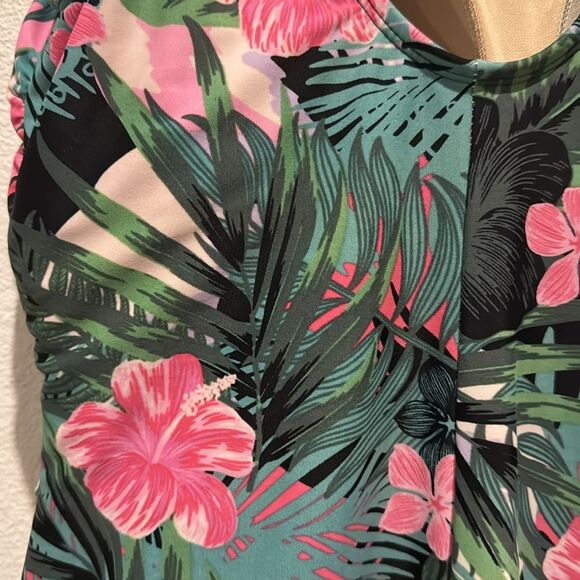 Swimsuits For All Sarong Front One Piece Swimsuit Green/Pink Hibiscus Floral - Picture 6 of 12